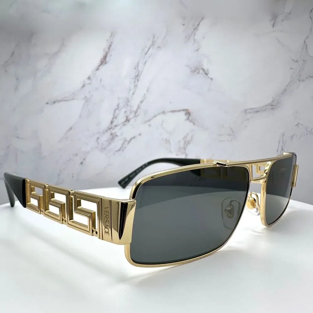 Versace Sunglasses Gold Rectangle Metal Logo Black Retro Italy 100% Authentic
